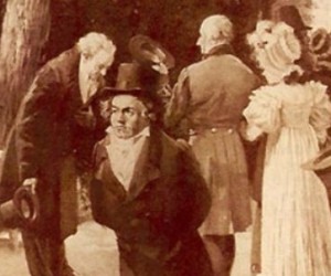 Carl Rohling, The Teplitz incidence. Goethe (left) draws his hat and bows to the imperial party while Beethoven (front-center) strides on