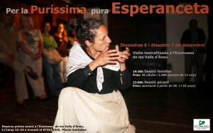 Actress Noemí Busquets as the wise yet naughty Esperanceta Gassia at the Ecomuseu de les Valls d’Àneu during the theatrical night visit to the ethnographic museum of Esterri d’ Àneu in Pallarès