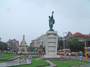 Hutatma Smarak (Martyrs's Memorial) on Flora Square in Mumbai constructed in the memory of 106 people killed during the agitation for the creation of Unified Maharashtra. The two individuals in the monument represent the worker and the farmer. 