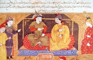Il-Khan Hülegü and his queen, Doquz Khatun, a Syriac Christian, as depicted in the Jami al-Tawarikh (Source: Wikipedia)